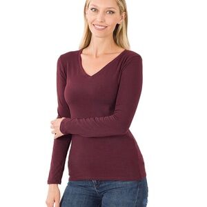 Zenana Cotton V Neck Long Sleeve Tee A63-A66